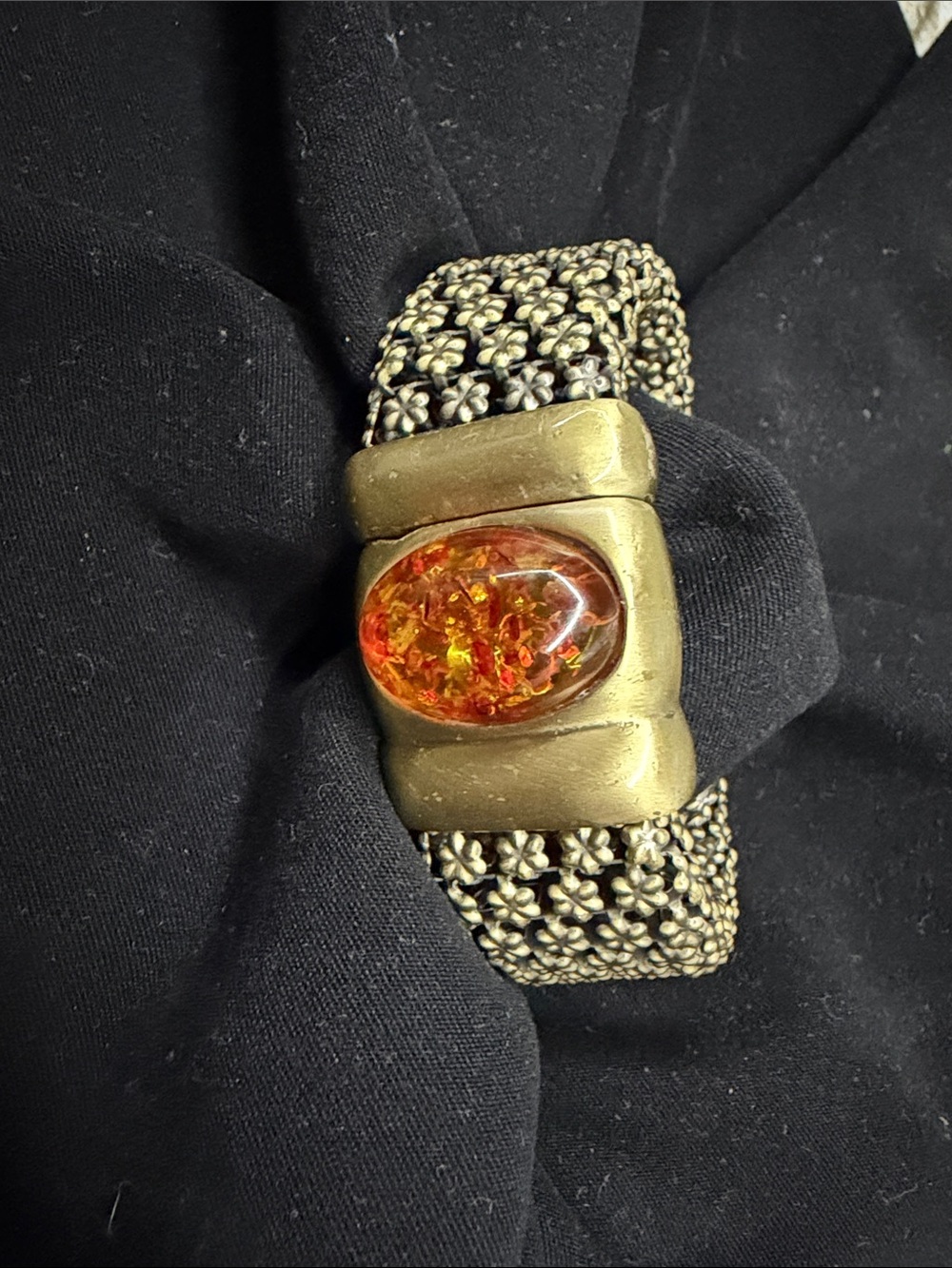 Vintage Boho Chunky Floral Mesh Cuff Bracelet w/ Amber Resin & Magnetic Clasp